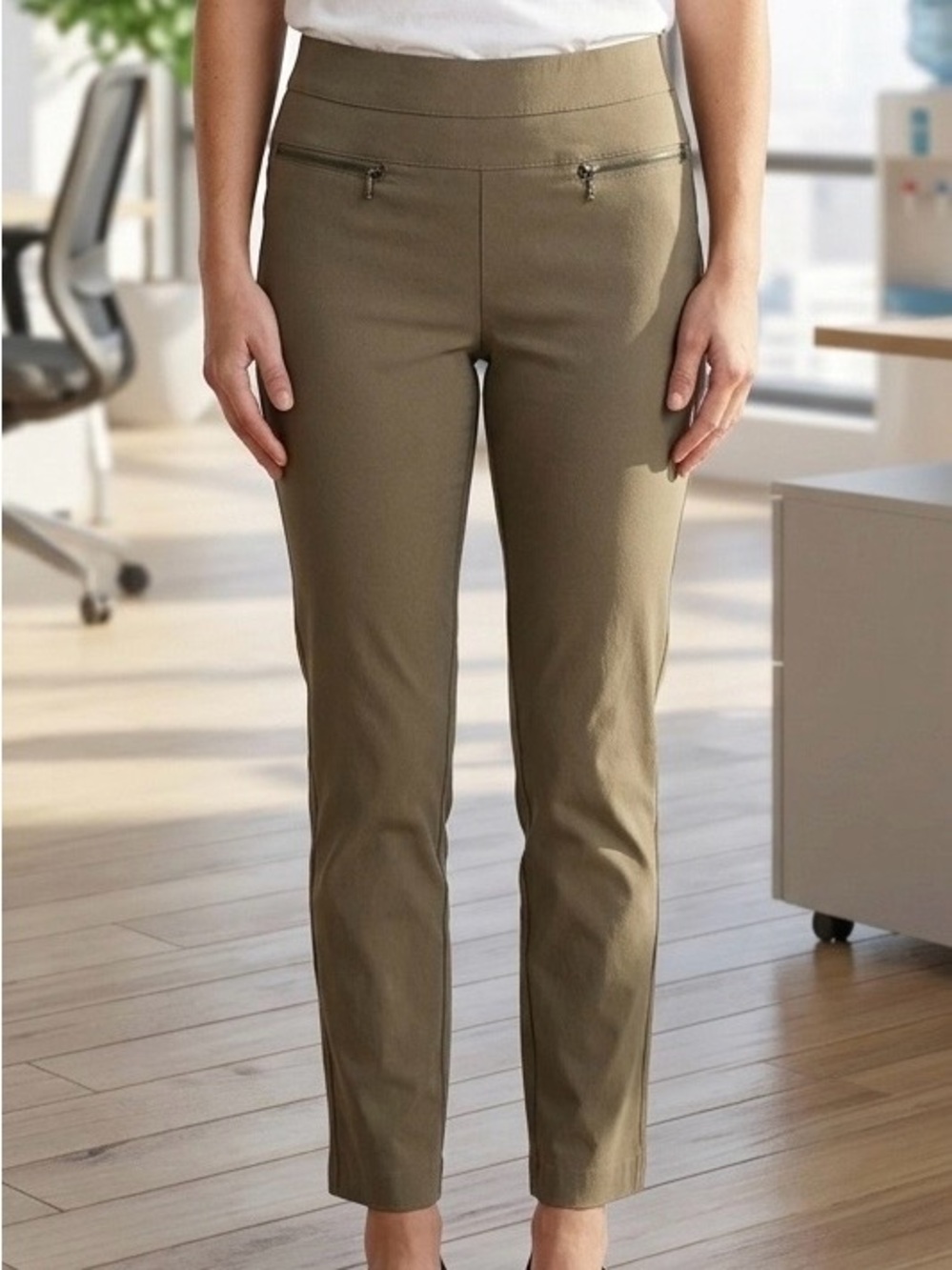 Candie's Olive Green Pull On Ankle Pant Zipper Detail Slim Stretch Trouser S EUC